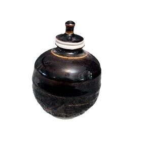 Ceramic Handmade Brown Lidded Urn Artist Signed Round Pottery Decor